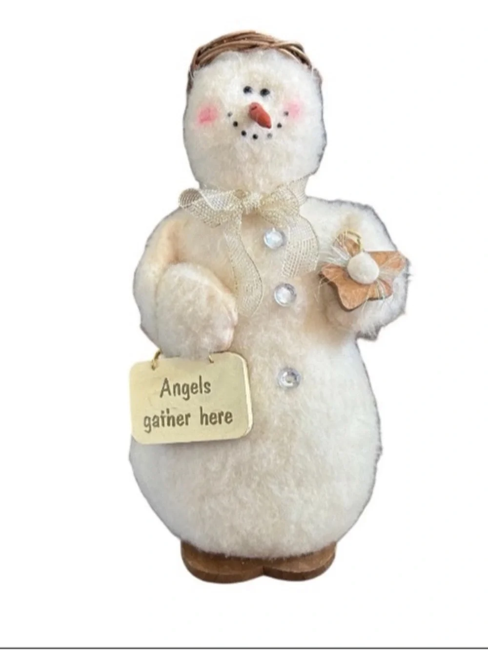 Standing Plush Snowman 13” Wood Base “Angels Gather Here” Vintage Home Decor